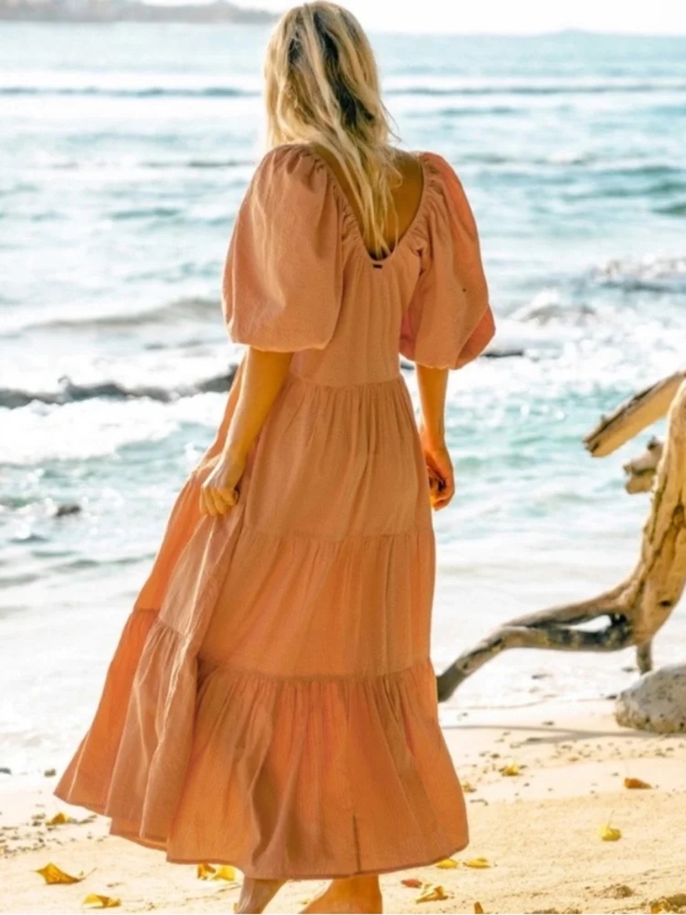 Billabong Endless Shore Puffed Sleeves Orange Tan Tiered Ribbed Maxi Dress M - Picture 9 of 10